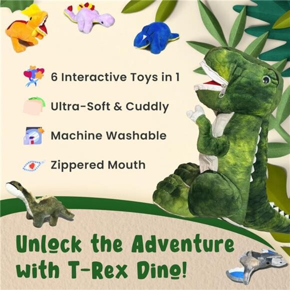 Dinosaur Stuffed Animal T-Rex and 5 Little Dinos for Boys & Girls -Plush Stuffie - Picture 3 of 7